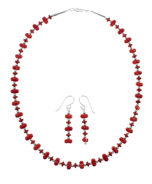 Genuine Sterling Silver Southwest Coral Bead Necklace Set JX128494